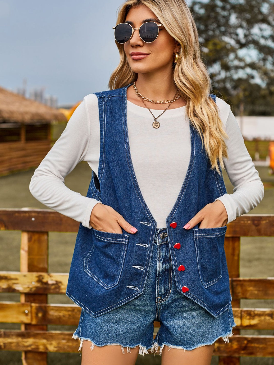 Pocketed Button Up Sleeveless Denim Jacket NicholesGifts