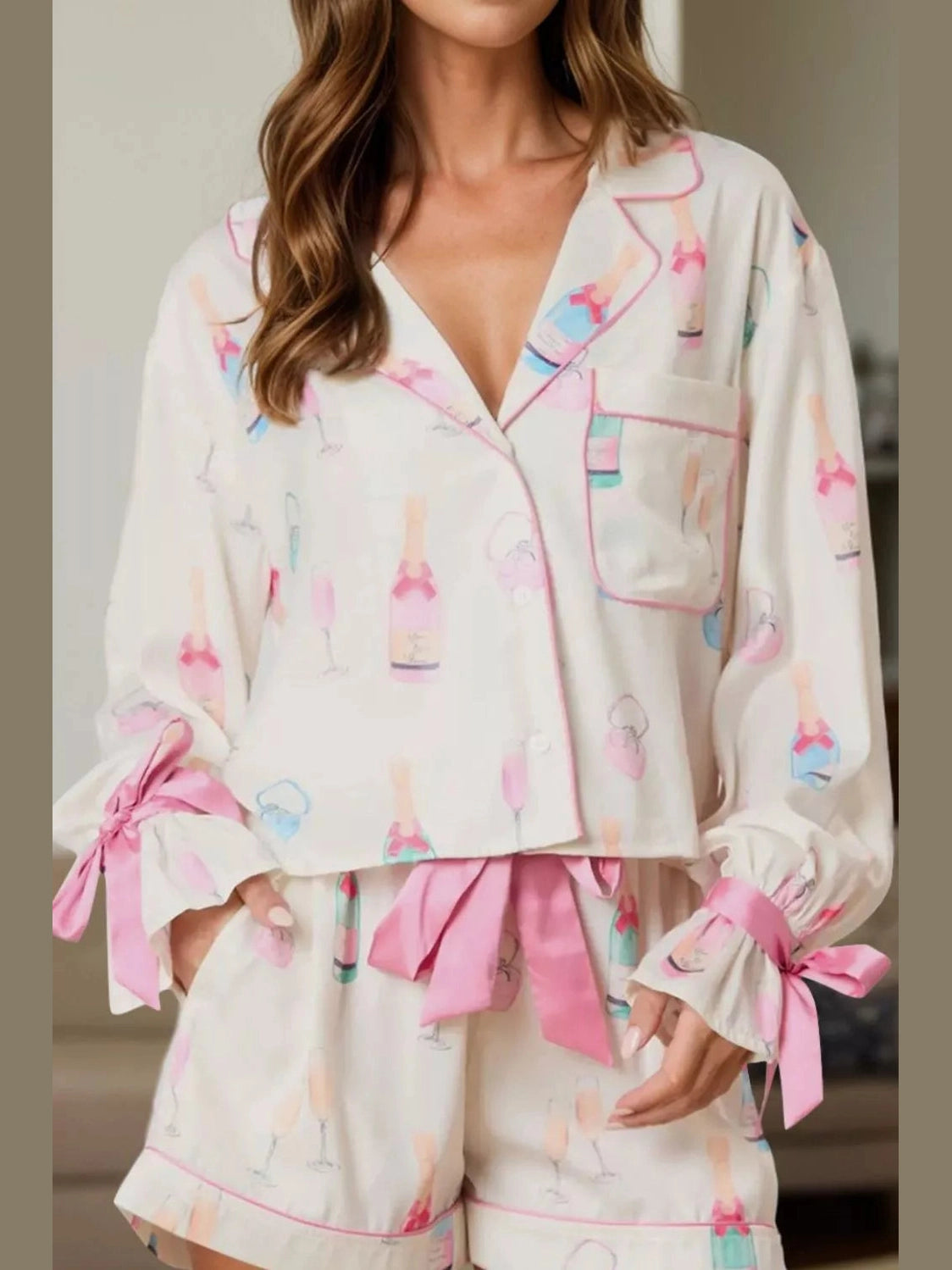 Bow Printed Collared Neck Top and Drawstring Shorts Lounge Set nicholesgifts