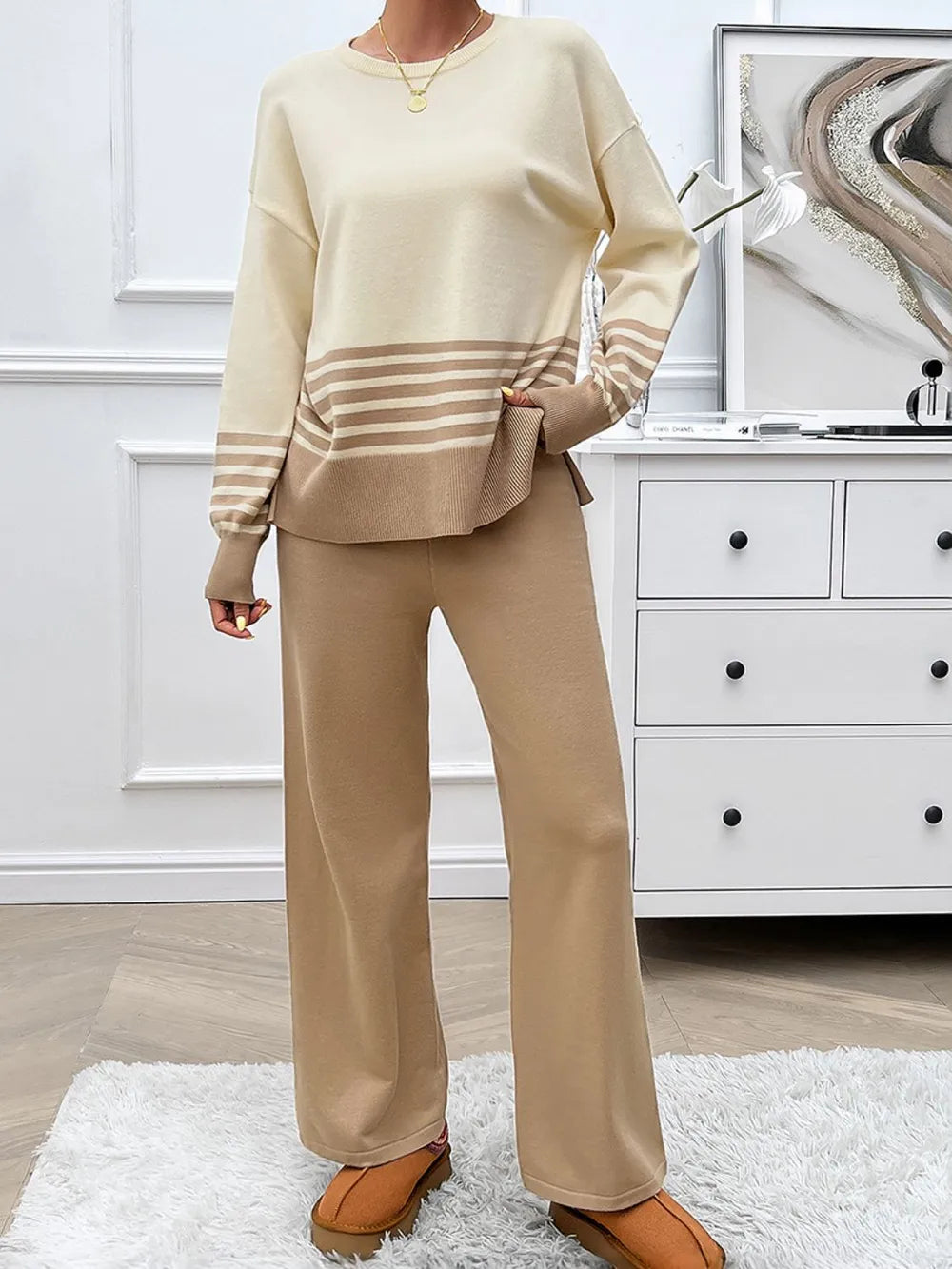 Devine Slit Striped Round Neck Top and Pants Sweater Set nicholesgifts
