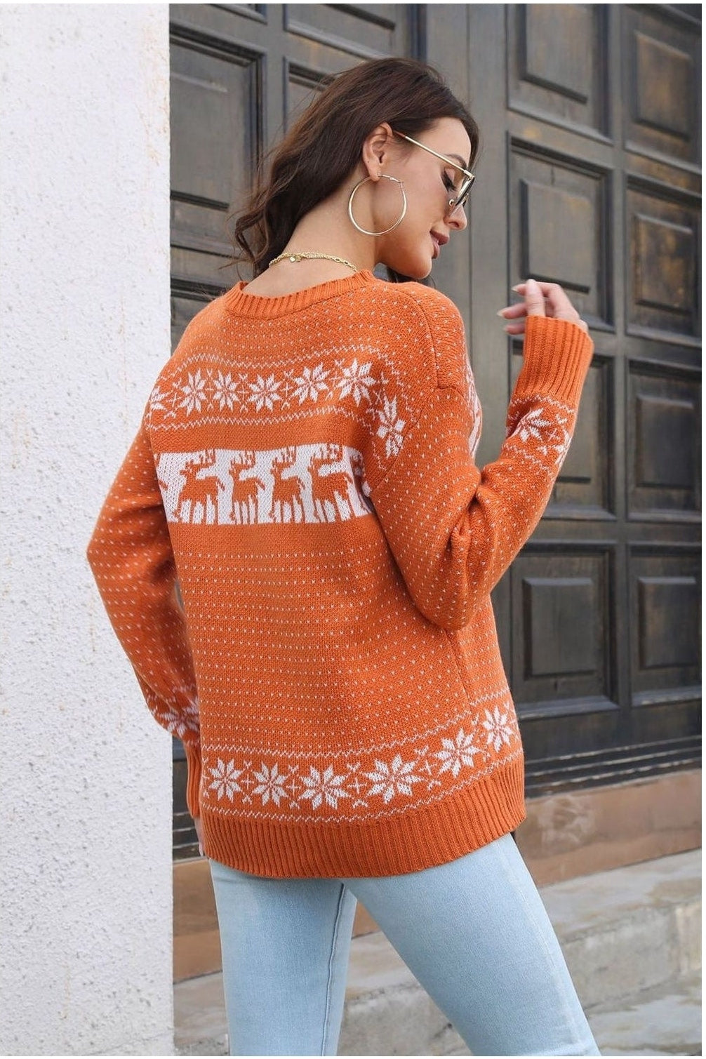 Reindeer & Snowflake Pattern Dropped Shoulder Pullover Sweater nicholesgifts