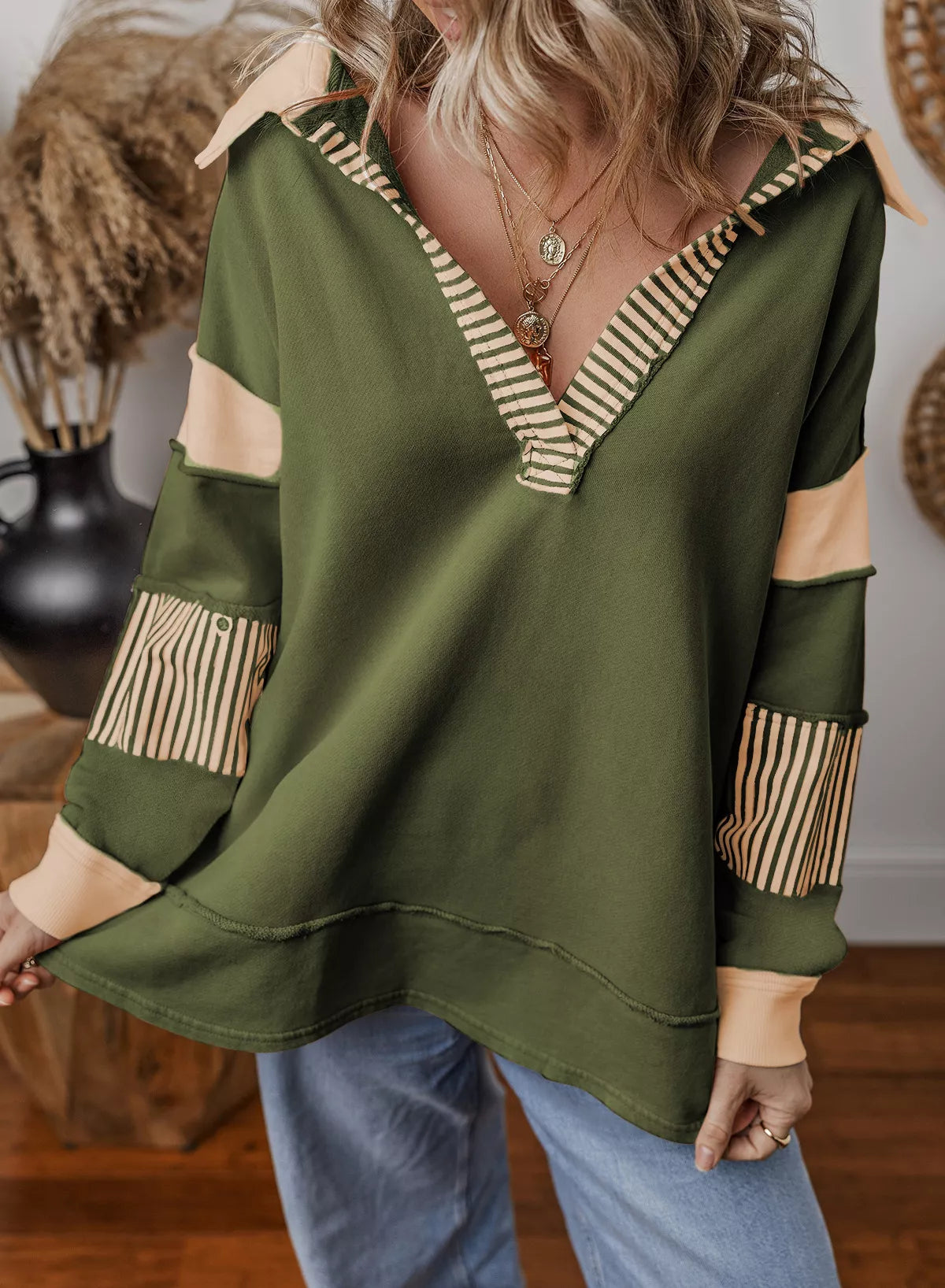 Color Block Striped Johnny Collar Sweatshirt nicholesgifts