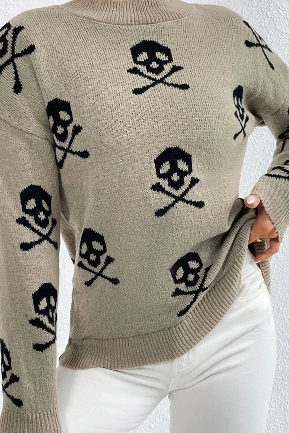 Women Graphic Mock Neck Dropped Shoulder Sweater