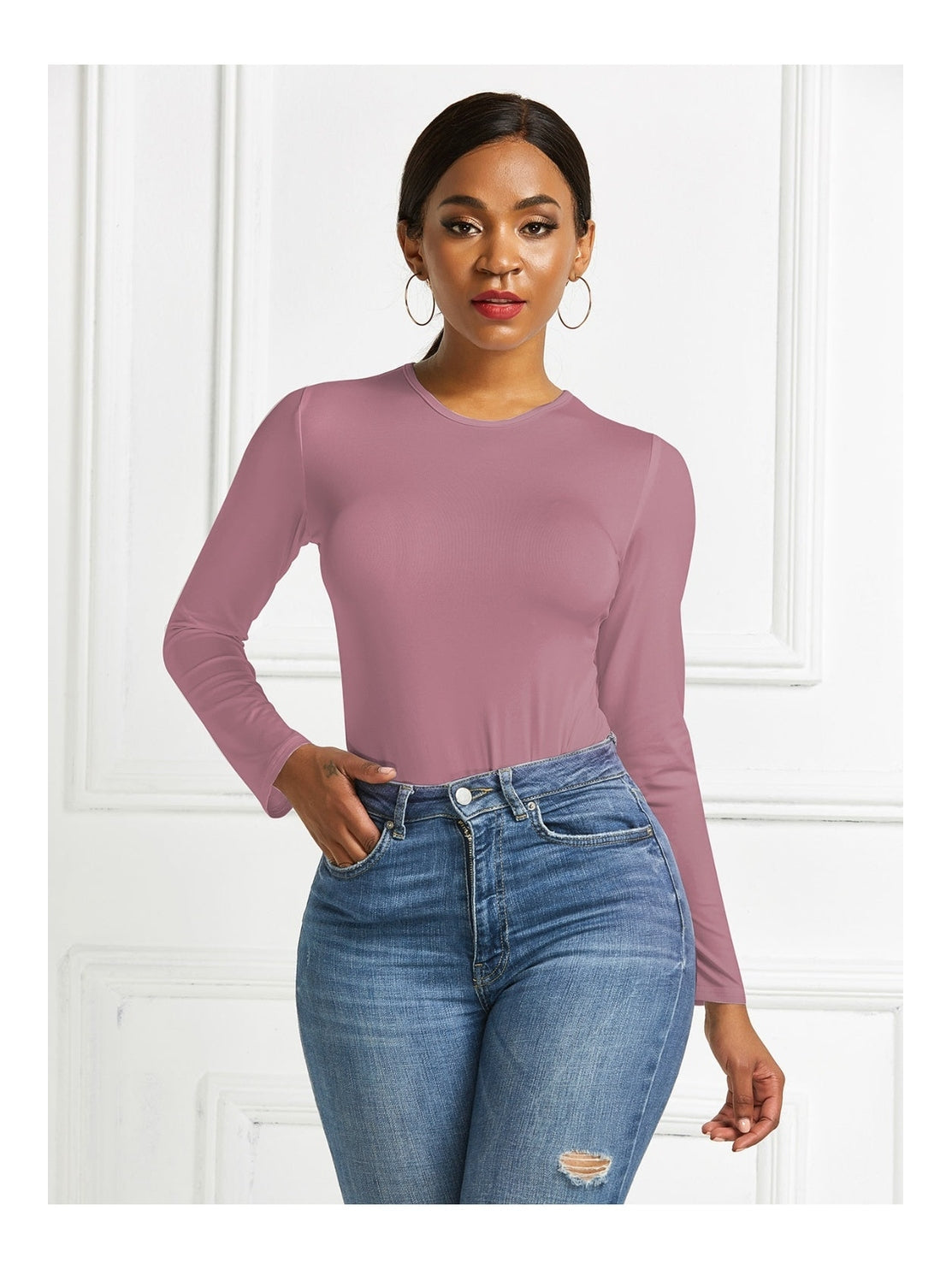 Women Round Neck Long Sleeve Bodysuit nicholesgifts