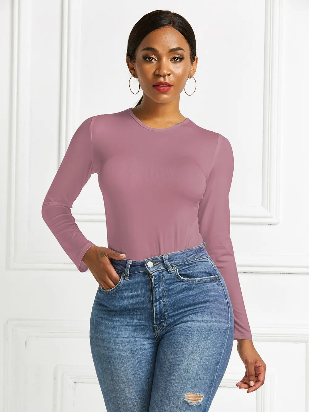 Round Neck Long Sleeve Bodysuit nicholesgifts