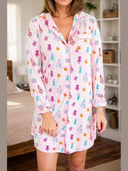 Printed Collared Neck Long Sleeve Lounge Dress nicholesgifts