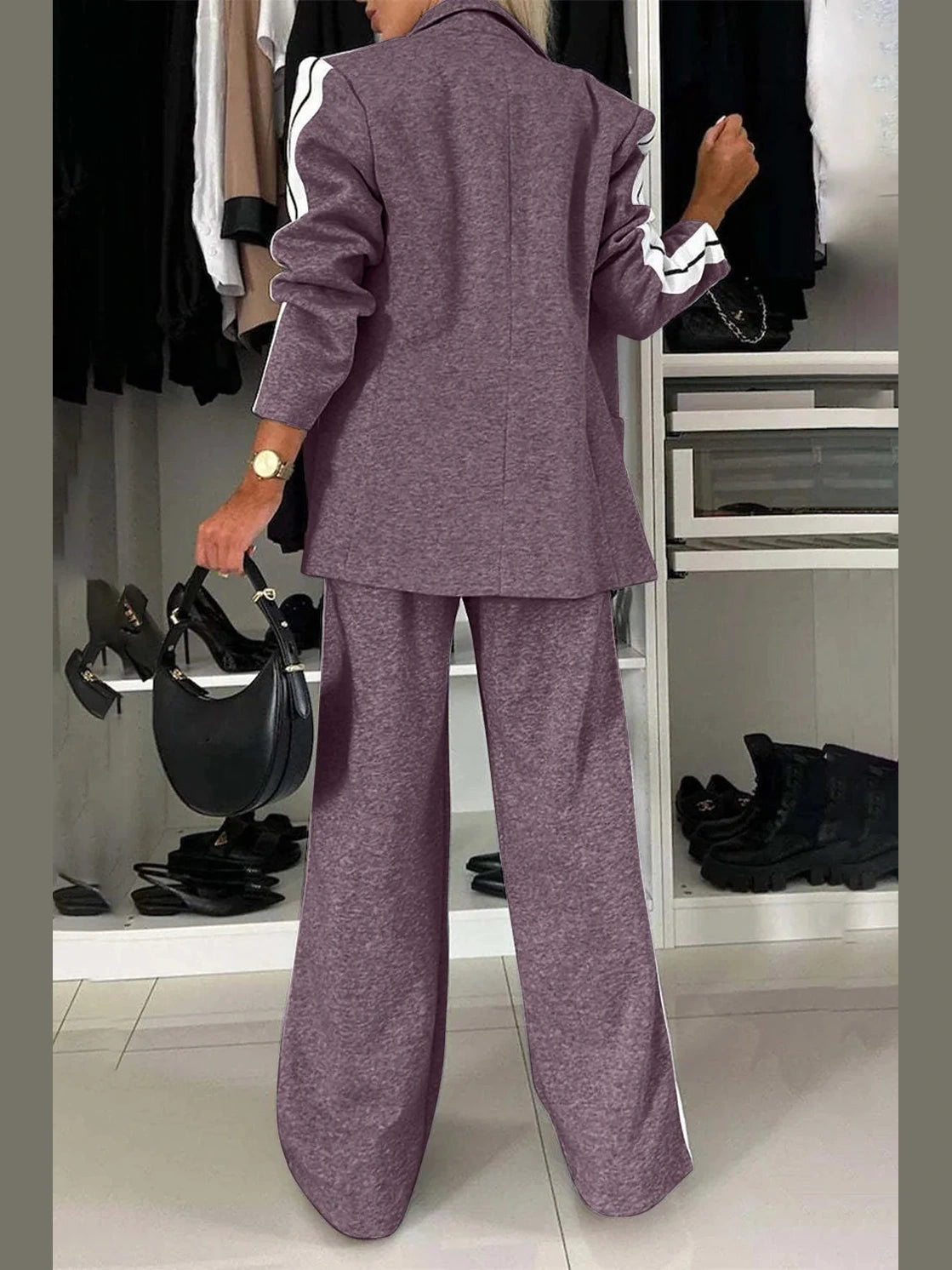 Full Size Contrast Lapel Collar Top and Pants Set nicholesgifts