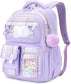 Kids Backpack for Girls - Kawaii School Backpack with Cartoon Pins & Pom Pom Charm - Lightweight Water Resistant Bookbag for Elementary Students - Travel Backpack with Luggage Strap - Pink