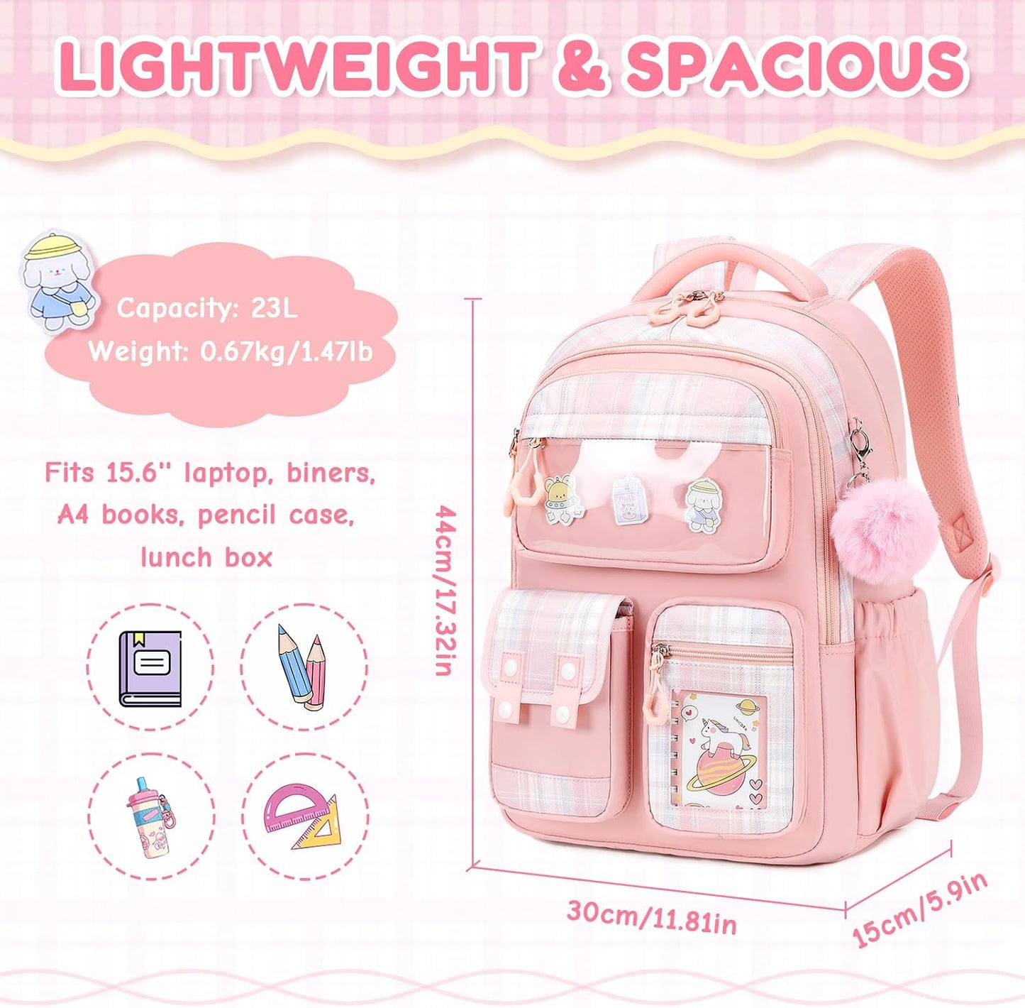 Kids Backpack for Girls - Kawaii School Backpack with Cartoon Pins & Pom Pom Charm - Lightweight Water Resistant Bookbag for Elementary Students - Travel Backpack with Luggage Strap - Pink