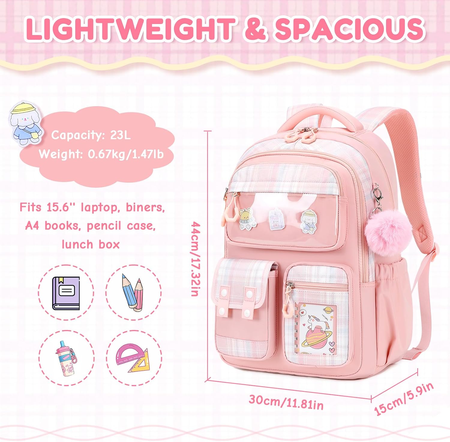 Kids Backpack for Girls - Kawaii School Backpack with Cartoon Pins & Pom Pom Charm - Lightweight Water Resistant Bookbag for Elementary Students - Travel Backpack with Luggage Strap - Pink