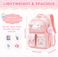 Kids Backpack for Girls - Kawaii School Backpack with Cartoon Pins & Pom Pom Charm - Lightweight Water Resistant Bookbag for Elementary Students - Travel Backpack with Luggage Strap - Pink