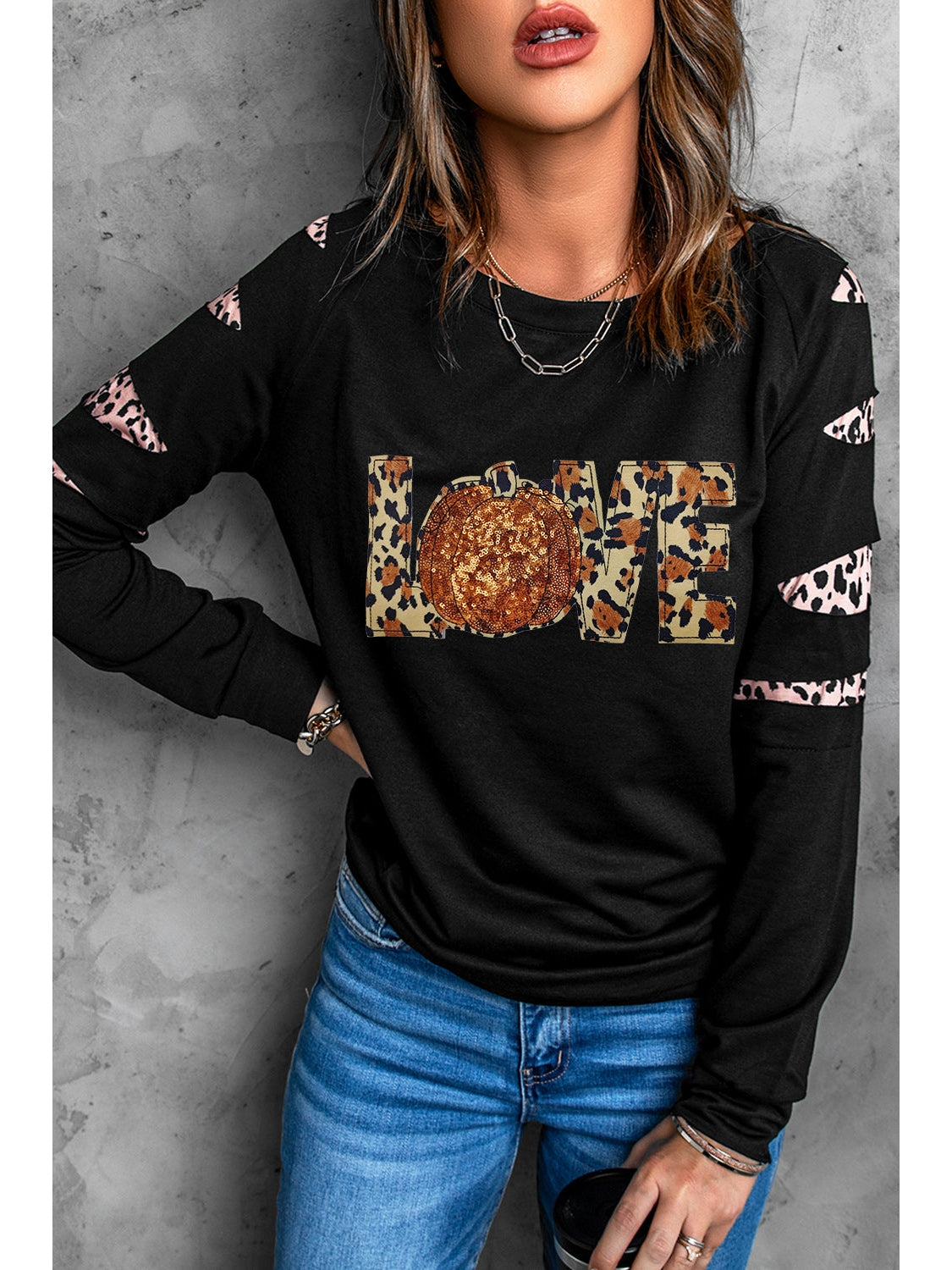 Women Sequin Leopard Long Sleeve Sweatshirt nicholesgifts