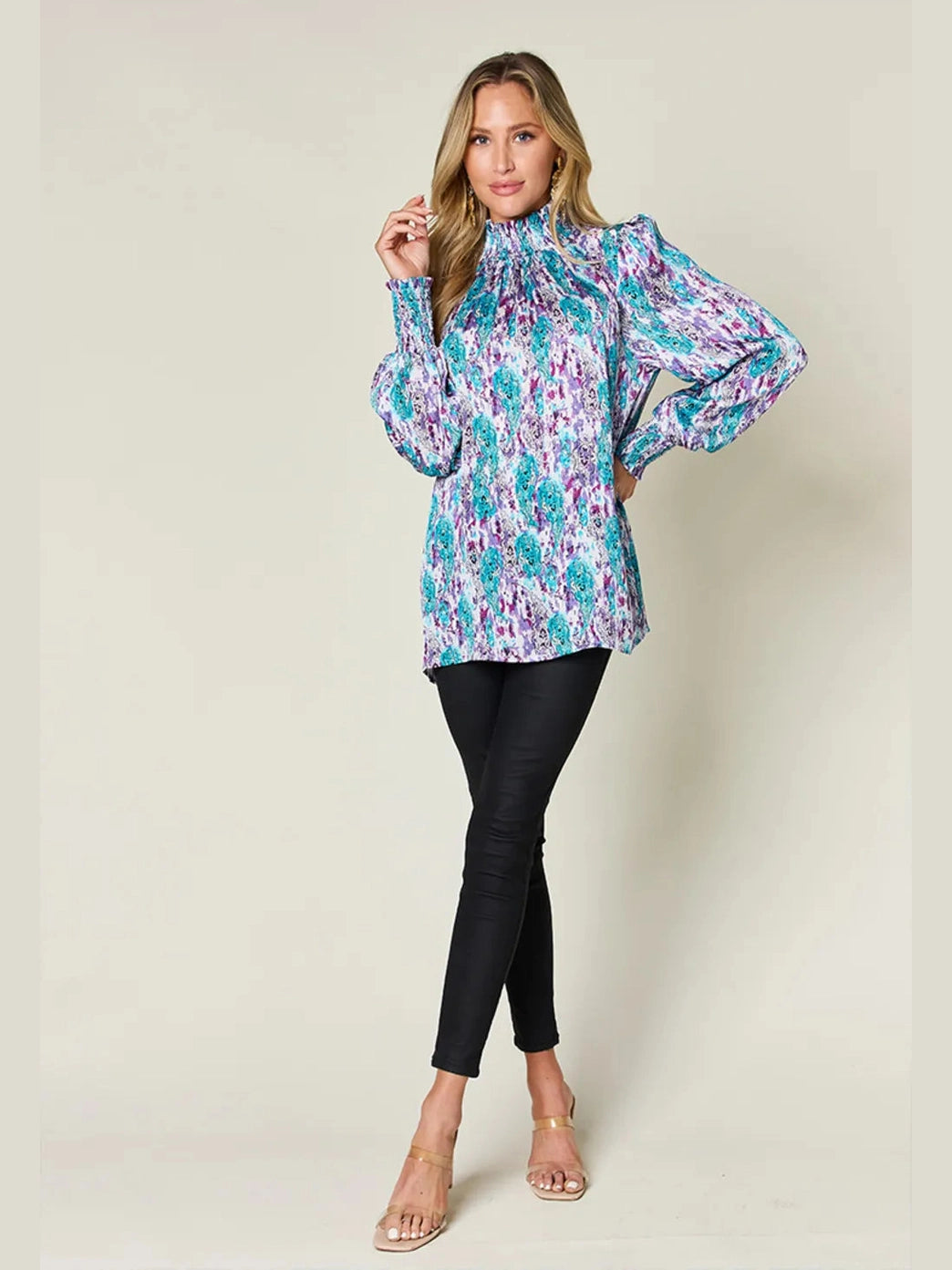 Double Take Full Size Printed Smocked Long Sleeve Blouse nicholesgifts