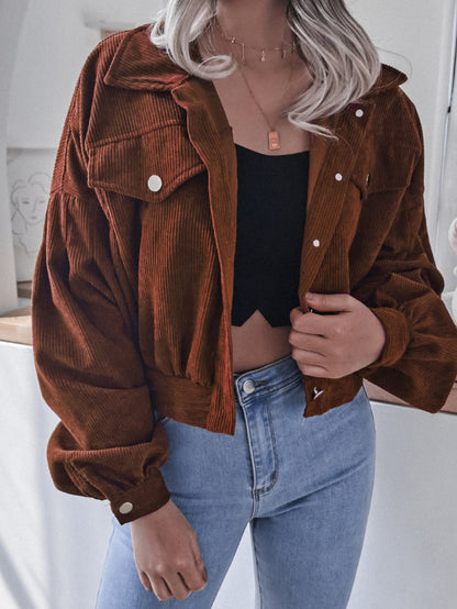 NicholesGifts Women Lantern Sleeve Cropped Corduroy Jacket nicholesgifts