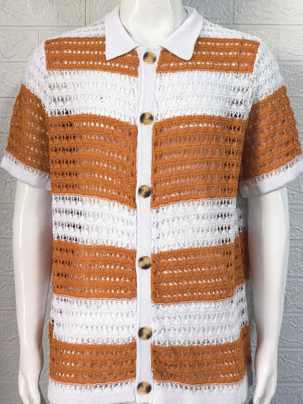 Men's Button Down Collared Neck Contrast Openwork Shirt NicholesGifts