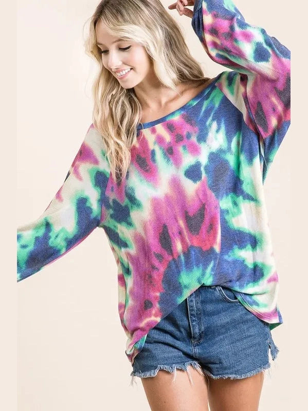 BiBi Tie Dye Print Terry Top with Puff Sleeves nicholesgifts