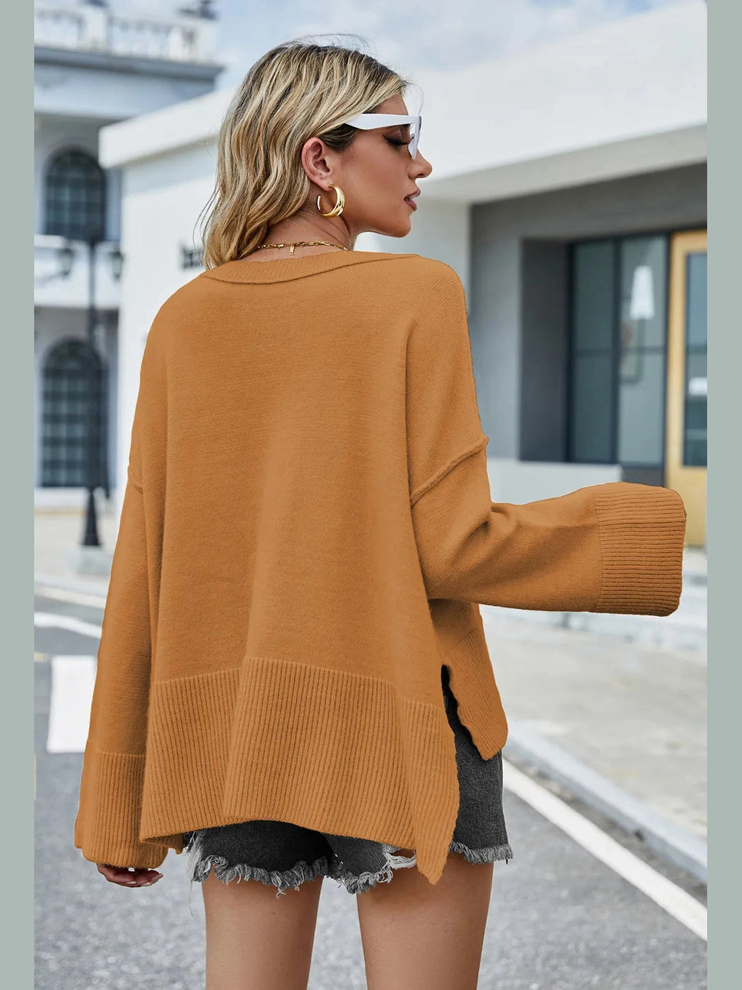 High-Low Slit Round Neck Long Sleeve Sweater nicholesgifts