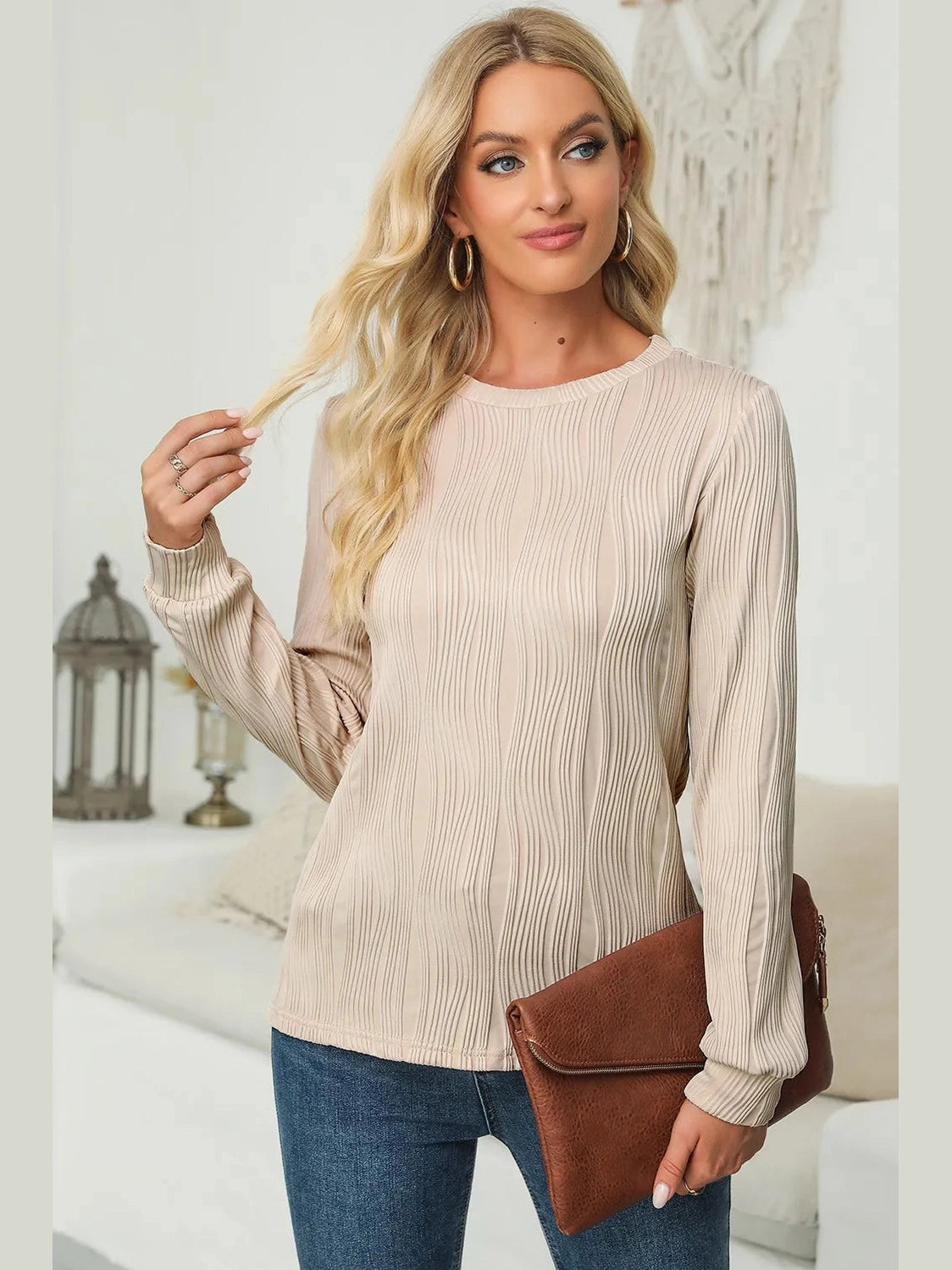 Textured Round Neck Long Sleeve Blouse NicholesGifts