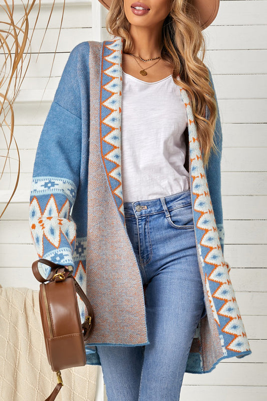 Women Geometric Open Front Long Sleeve Cardigan Sweater
