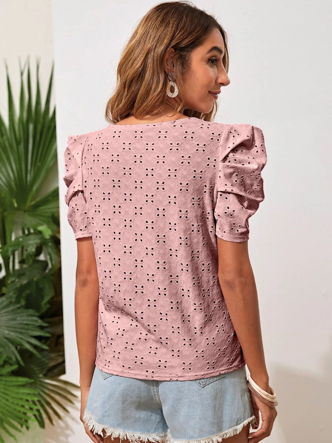 Eyelet Round Neck Puff Sleeve Blouse nicholesgifts