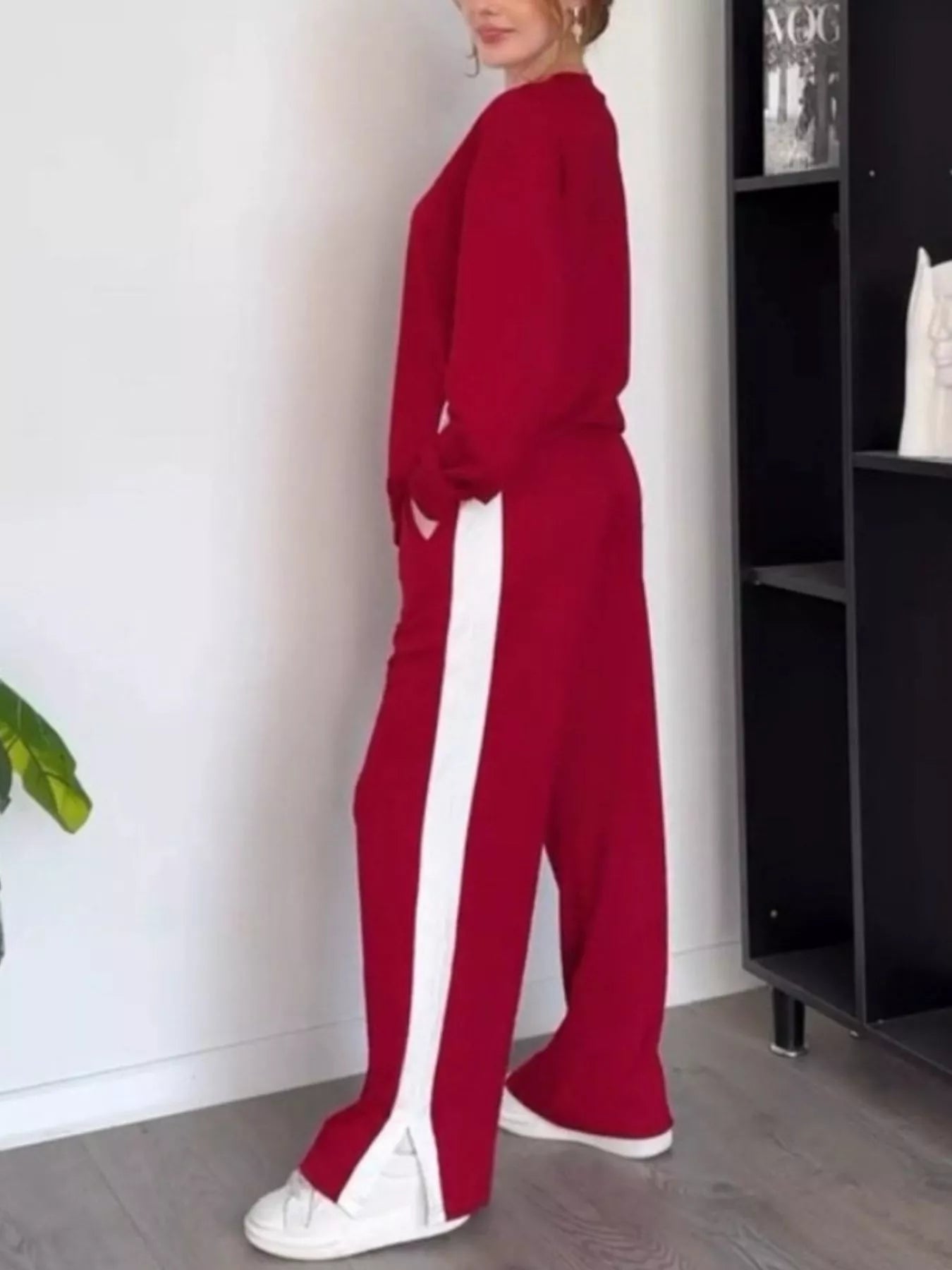Full Size Contrast Round Neck Top and Pants Set Plus Size nicholesgifts