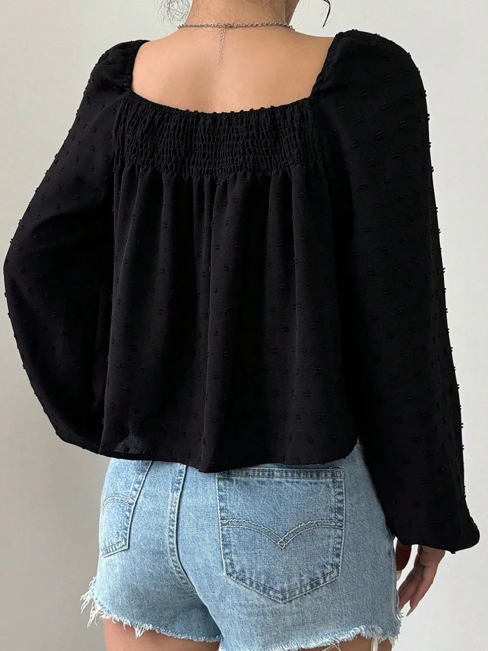 Swiss Dot Square Neck Long Sleeve Blouse NicholesGifts