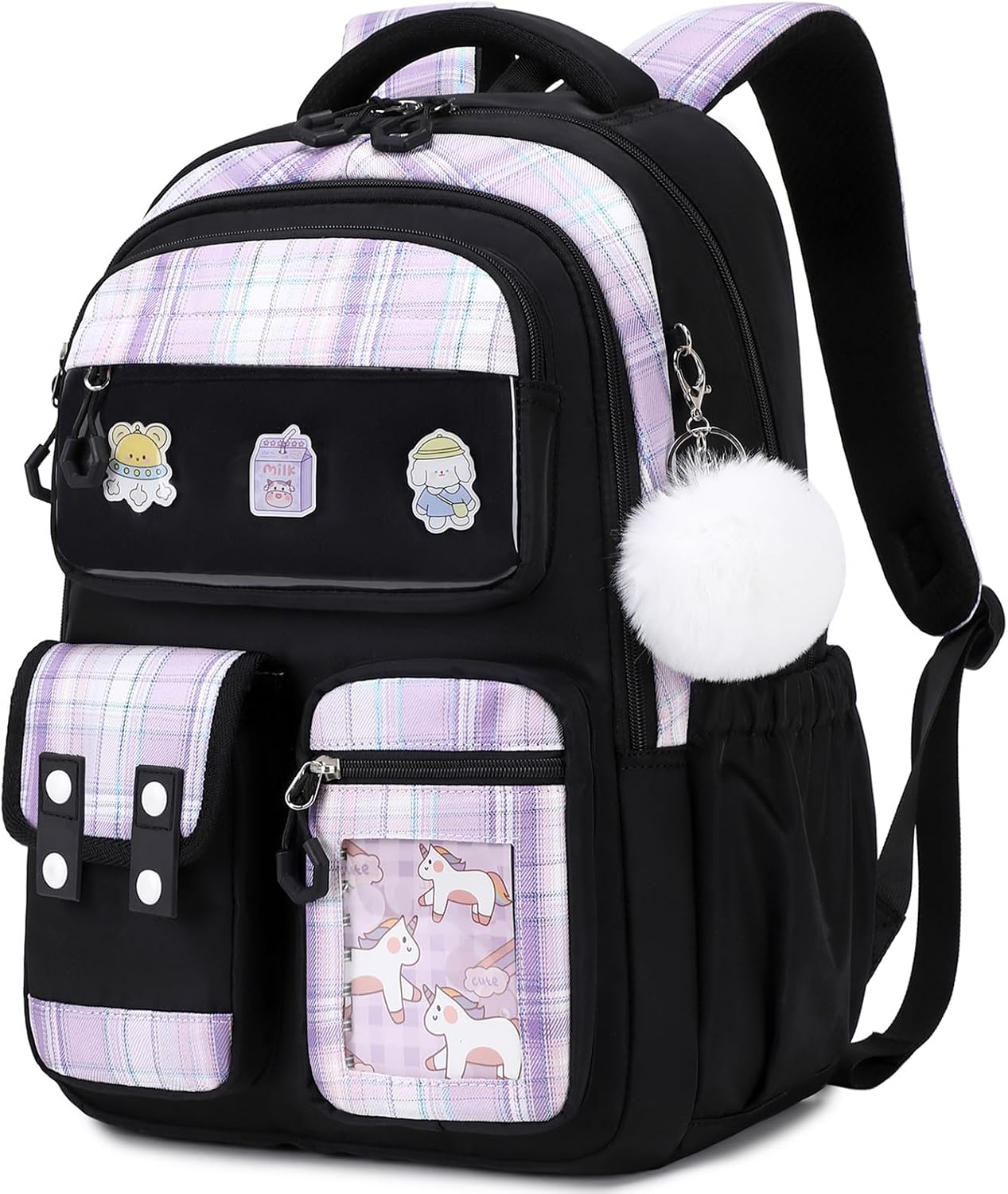 Kids Backpack for Girls - Kawaii School Backpack with Cartoon Pins & Pom Pom Charm - Lightweight Water Resistant Bookbag for Elementary Students - Travel Backpack with Luggage Strap - Pink