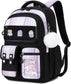 Kids Backpack for Girls - Kawaii School Backpack with Cartoon Pins & Pom Pom Charm - Lightweight Water Resistant Bookbag for Elementary Students - Travel Backpack with Luggage Strap - Pink