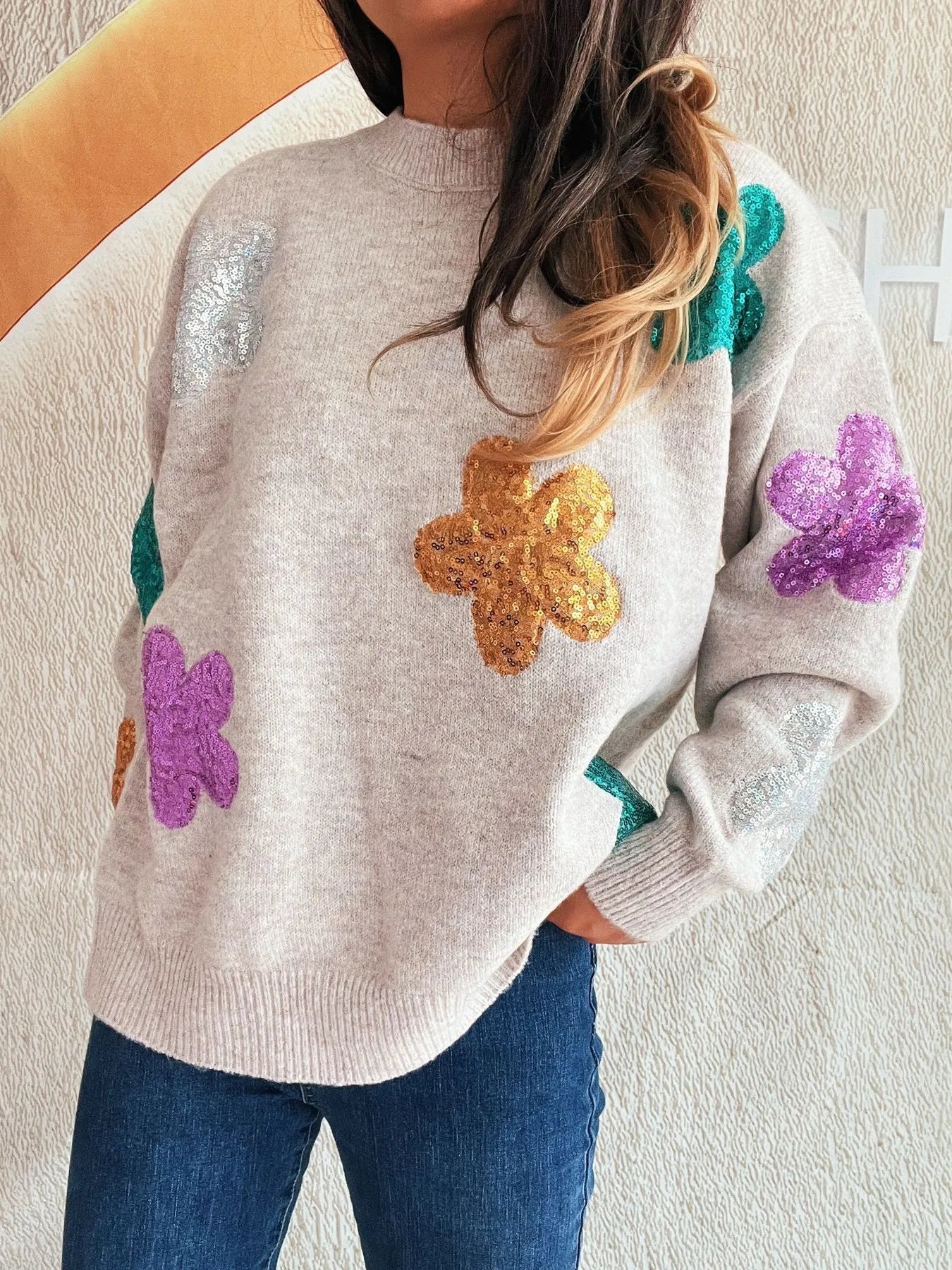 Sequin Flower Round Neck Long Sleeve Sweater nicholesgifts