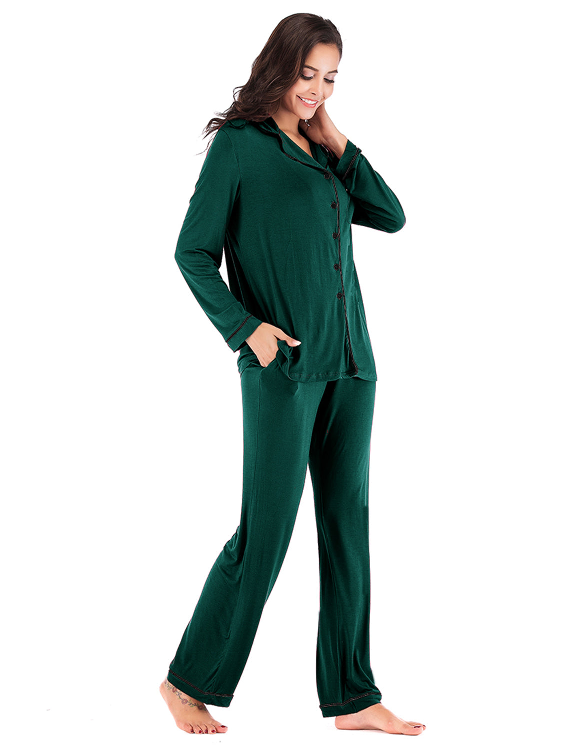 Collared Neck Long Sleeve Loungewear Set with Pockets nicholesgifts
