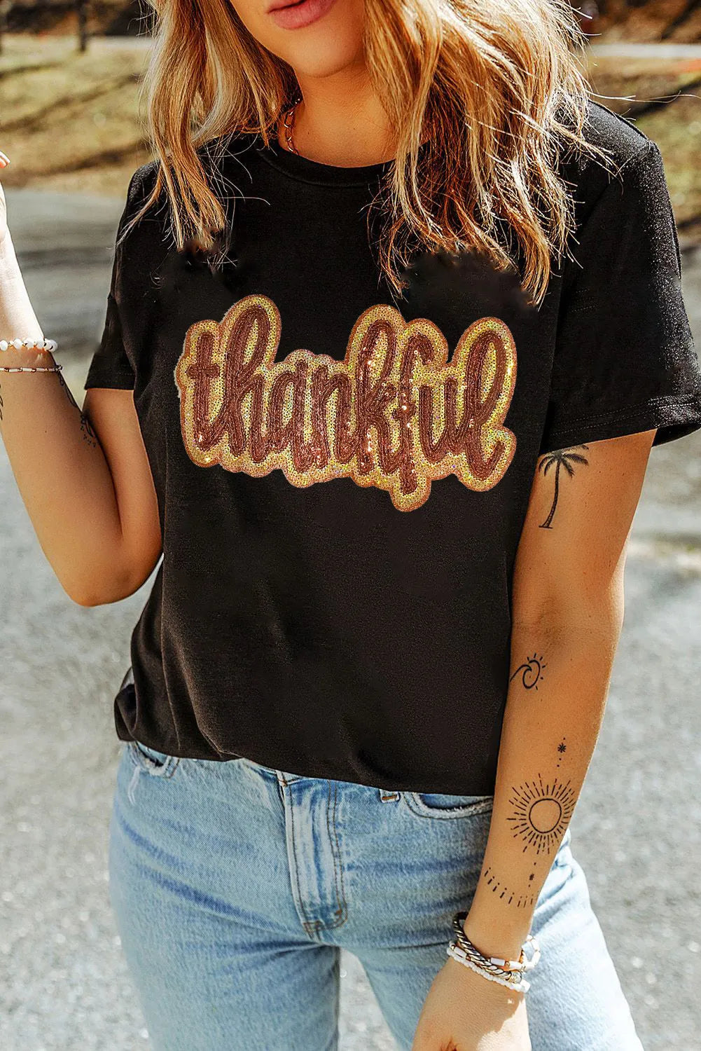 THANKFUL Sequin Round Neck Short Sleeve T-Shirt Trendsi