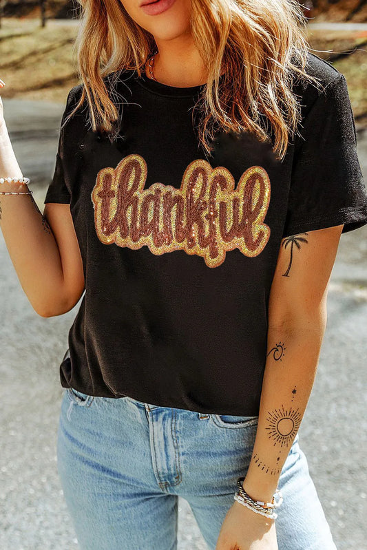 THANKFUL Sequin Round Neck Short Sleeve T-Shirt Trendsi