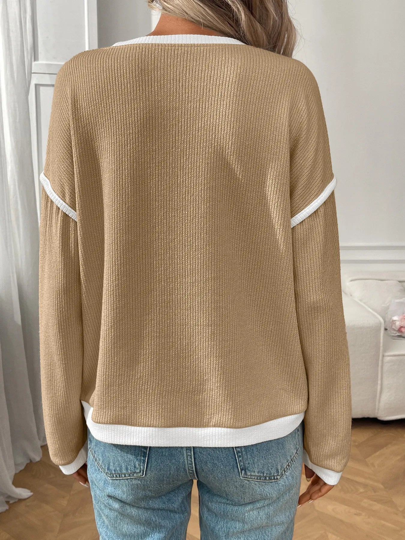 Ribbed Contrast Trim Long Sleeve Top