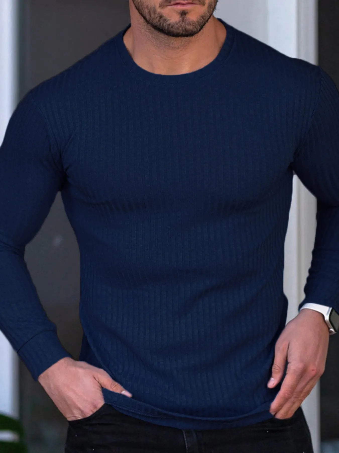 Men's Ribbed Round Neck Long Sleeve T-Shirt Trendsi