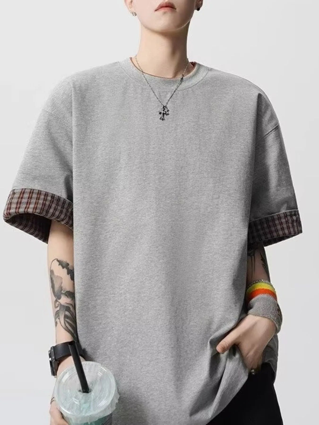 Men's Plaid Trim Round Neck Short Sleeve T-Shirt Trendsi