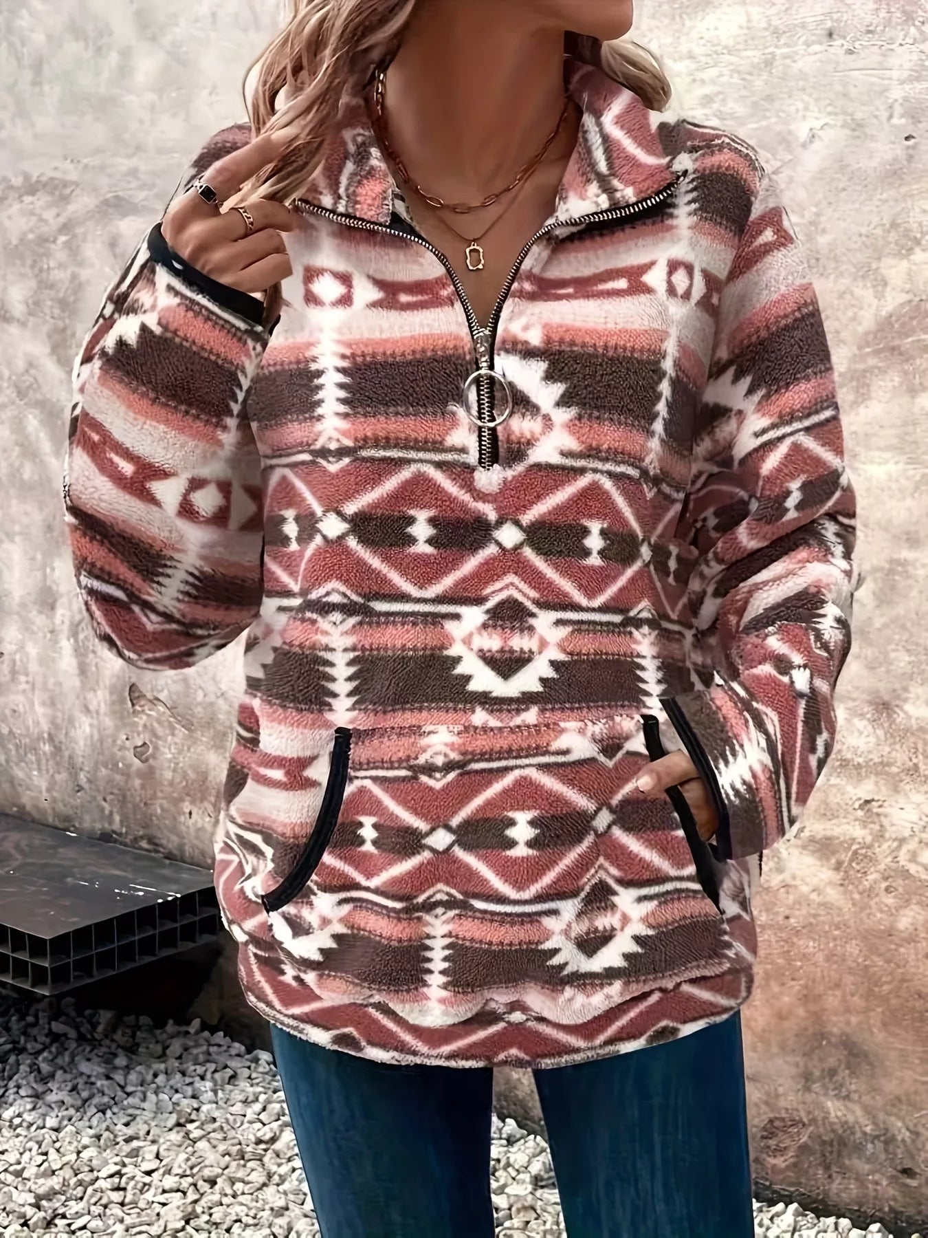 Geometric Half Zip Long Sleeve Sweatshirt nicholesgifts