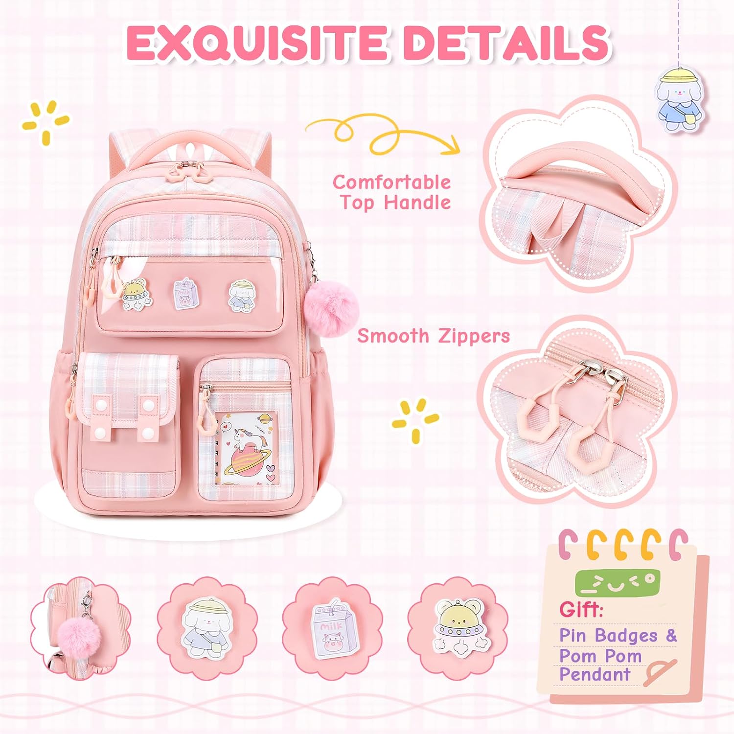 Kids Backpack for Girls - Kawaii School Backpack with Cartoon Pins & Pom Pom Charm - Lightweight Water Resistant Bookbag for Elementary Students - Travel Backpack with Luggage Strap - Pink