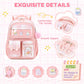 Kids Backpack for Girls - Kawaii School Backpack with Cartoon Pins & Pom Pom Charm - Lightweight Water Resistant Bookbag for Elementary Students - Travel Backpack with Luggage Strap - Pink