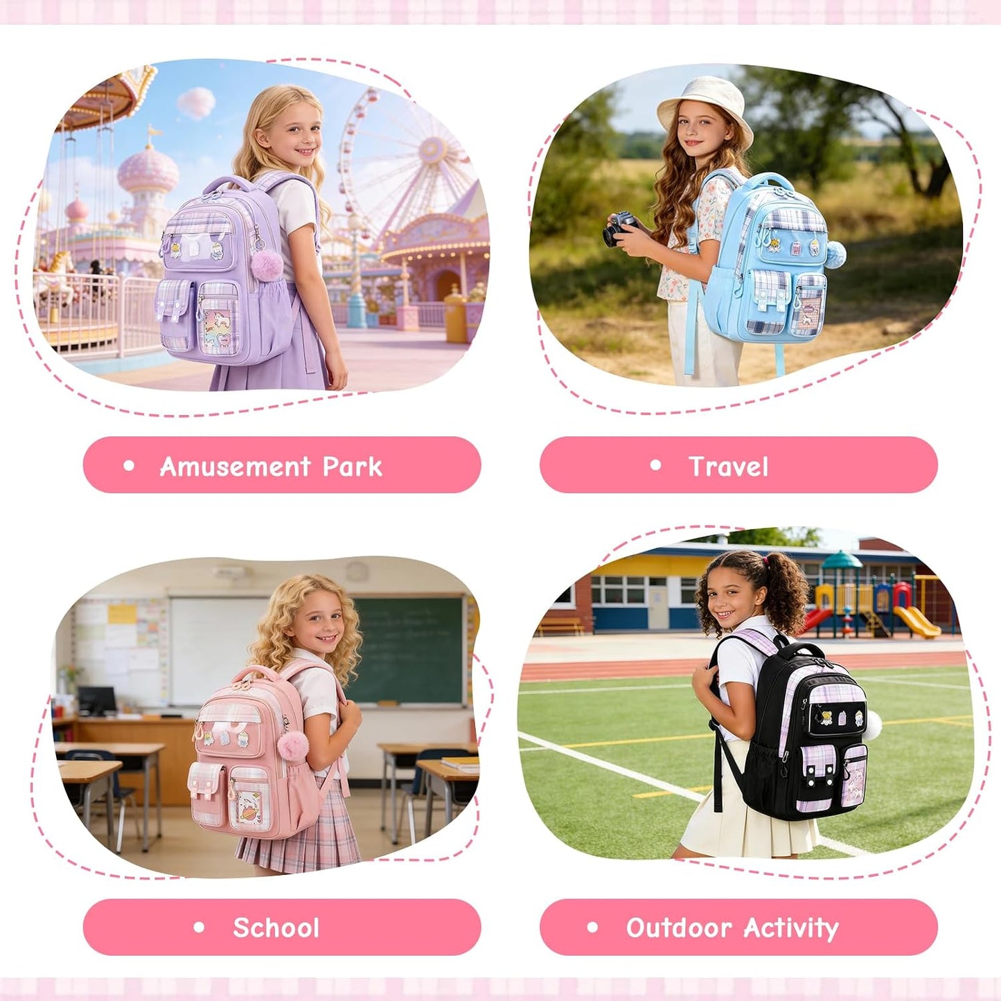 Kids Backpack for Girls - Kawaii School Backpack with Cartoon Pins & Pom Pom Charm - Lightweight Water Resistant Bookbag for Elementary Students - Travel Backpack with Luggage Strap - Pink