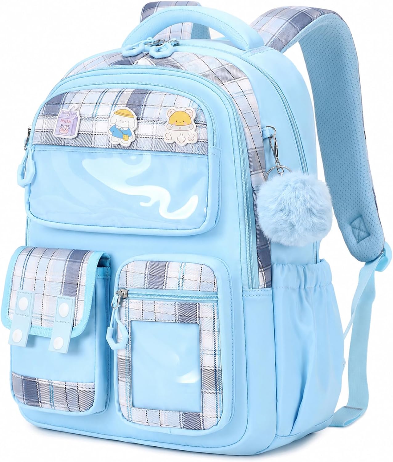 Kids Backpack for Girls - Kawaii School Backpack with Cartoon Pins & Pom Pom Charm - Lightweight Water Resistant Bookbag for Elementary Students - Travel Backpack with Luggage Strap - Pink