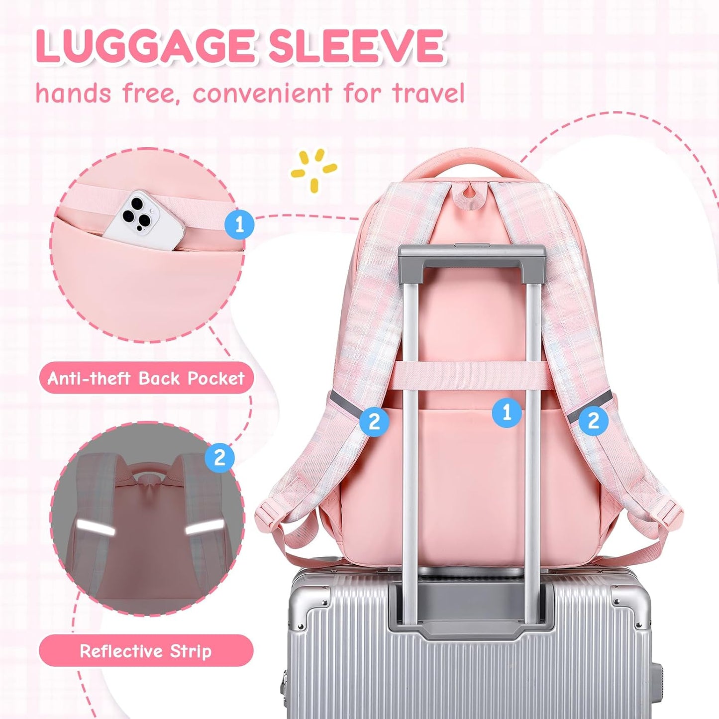 Kids Backpack for Girls - Kawaii School Backpack with Cartoon Pins & Pom Pom Charm - Lightweight Water Resistant Bookbag for Elementary Students - Travel Backpack with Luggage Strap - Pink
