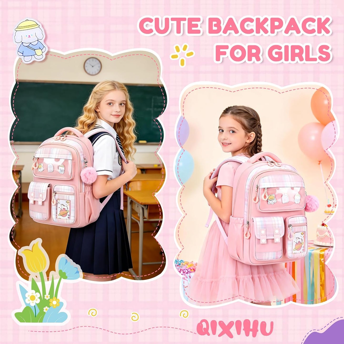 Kids Backpack for Girls - Kawaii School Backpack with Cartoon Pins & Pom Pom Charm - Lightweight Water Resistant Bookbag for Elementary Students - Travel Backpack with Luggage Strap - Pink