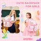 Kids Backpack for Girls - Kawaii School Backpack with Cartoon Pins & Pom Pom Charm - Lightweight Water Resistant Bookbag for Elementary Students - Travel Backpack with Luggage Strap - Pink