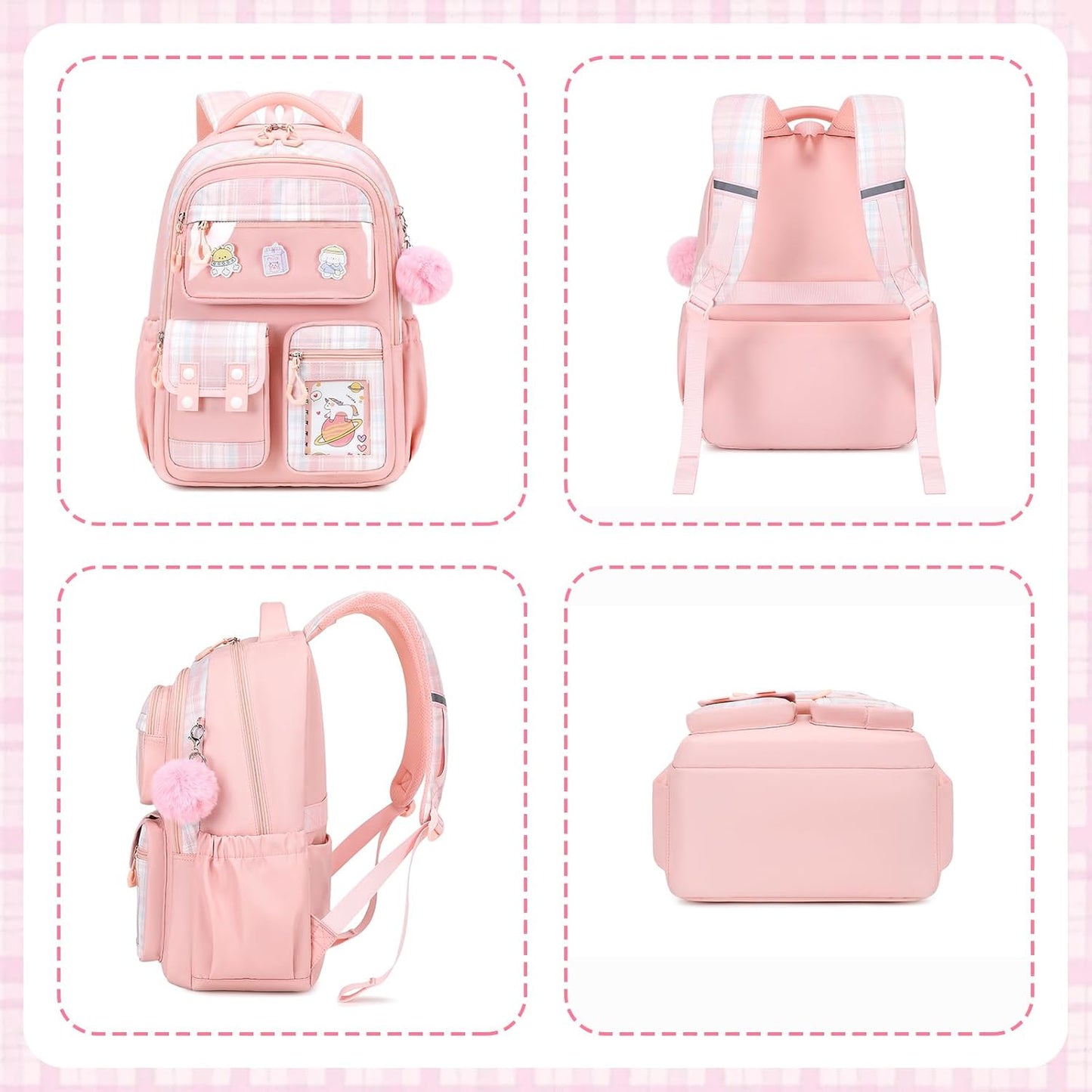Kids Backpack for Girls - Kawaii School Backpack with Cartoon Pins & Pom Pom Charm - Lightweight Water Resistant Bookbag for Elementary Students - Travel Backpack with Luggage Strap - Pink