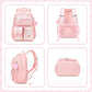 Kids Backpack for Girls - Kawaii School Backpack with Cartoon Pins & Pom Pom Charm - Lightweight Water Resistant Bookbag for Elementary Students - Travel Backpack with Luggage Strap - Pink