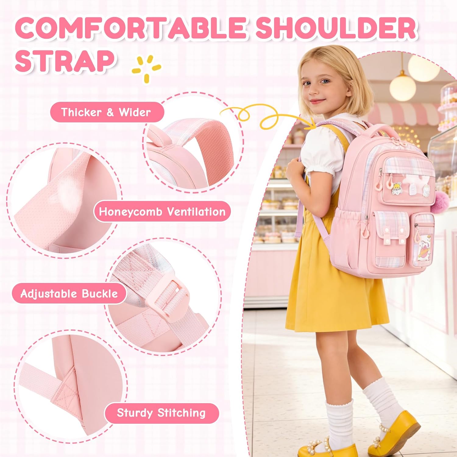 Kids Backpack for Girls - Kawaii School Backpack with Cartoon Pins & Pom Pom Charm - Lightweight Water Resistant Bookbag for Elementary Students - Travel Backpack with Luggage Strap - Pink