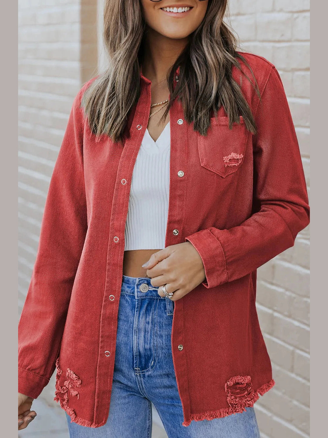 Distressed Raw Hem Snap Down Denim Jacket nicholesgifts