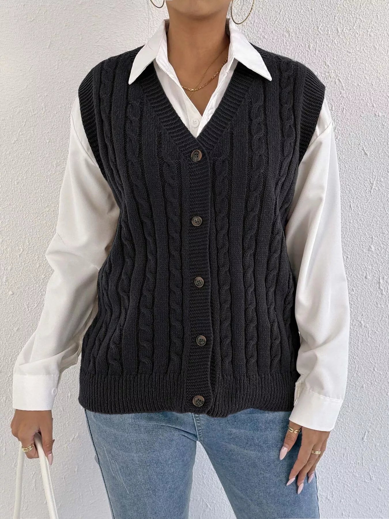 Cable-Knit Button-Up Sweater Vest nicholesgifts