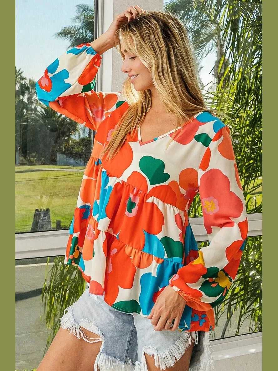BiBi Floral Woven Tiered V Neck Top