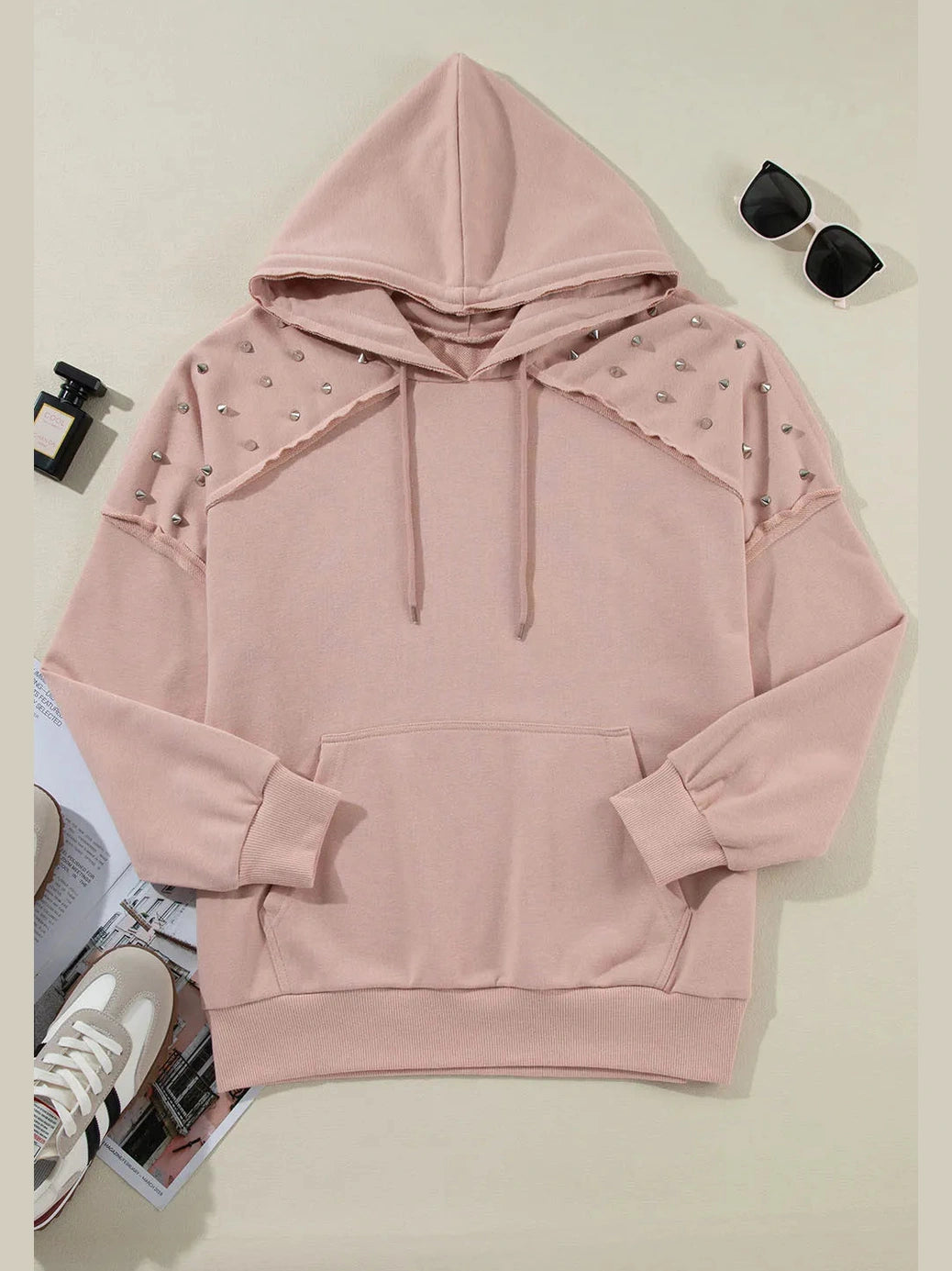 Rivet Drawstring Long Sleeve Hoodie Trendsi
