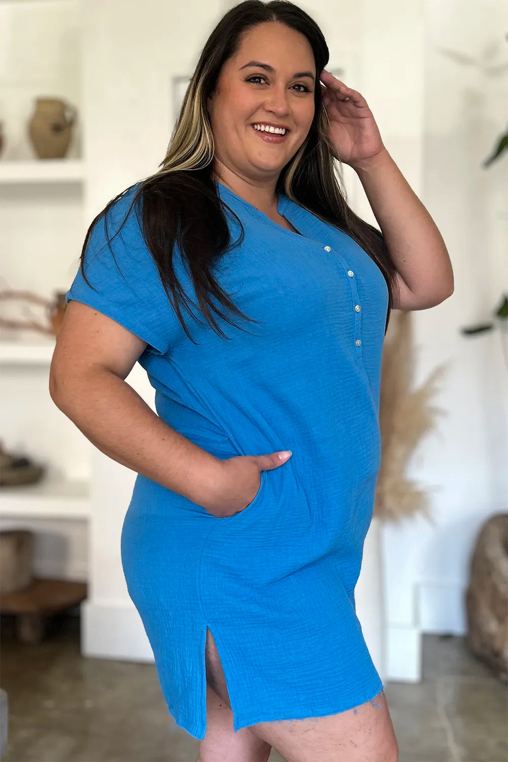 FAM-FAM Slit Notched Short Sleeve Mini Dress Trendsi